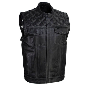 Gilet moto en cuir véritable pour homme, col montant, empiècements matelassés, poches, couleur unie, veste en cuir à prix avantageux - Product Image 3