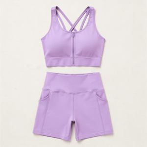 Women's Pink <b>Blue</b> Crisscross Sports <b>Bra</b> High Waist Shorts Set Color Blocking Contrast Binding Breathable Yoga Activewear 2 Piece - Product Image 2
