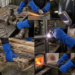 Gants de Soudure de Sécurité en Cuir de Vachette Fendu Bleu, Robustes, à Manches Longues, Résistants à la Chaleur et au Feu, Certifiés CE, Doublés Polaire, Vente en Gros - Product Image 4