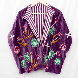 Women's <b>Purple</b> <b>Velvet</b> Jacket Stand Collar Long Sleeve Embroidered Floral Autumn Coat - Product Image 5