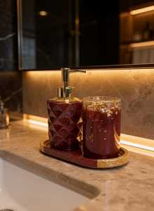 Ensemble de salle de bain en résine bordeaux et or, distributeur de savon avec plateau, décoration de luxe pour la vanité, cadeau pour la fête des mères, cadeau de pendaison de crémaillère pour elle - Product Image 3