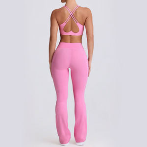 Custom Wholesale Pink Workout Set Activewear Cross Strappy Sports Bra High Waist <b>Flare</b> <b>Leggings</b> Yoga Gym Fitness Clothing OEM - Product Image 3