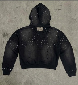 Sweat à capuche streetwear pour homme, coupe ample, zippé, délavé à l'acide, en molleton 100% coton épais et respirant, avec graphique à strass cloutés - Product Image 3