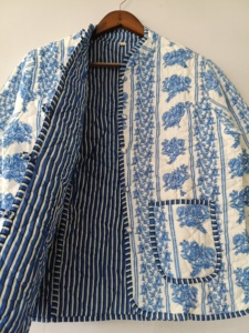Reversible <b>Quilted</b> <b>Jacket</b>: Hand Block Print Lurex Cotton, Floral Partywear - Product Image 5
