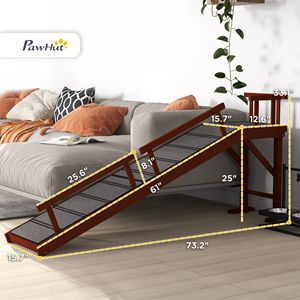 Rampa para Perros de Madera Marrón de 73 Pulgadas de Largo con Superficie Antideslizante y Barandillas Extraíbles, Camas y Accesorios para Mascotas - Product Image 3