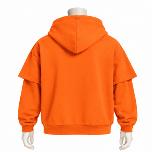 Sweat à capuche orange double couche, coupe oversize, à manches courtes avec empiècement manches longues, style streetwear urbain décontracté, coupe ample, personnalisable - Product Image 2