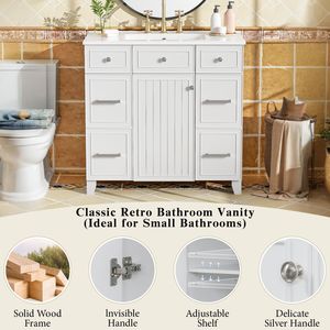 Mobile Bagno in Legno Massello Bianco da 36 Pollici con Lavabo in Ceramica, Ante con Chiusura Ammortizzata, Ripiani Regolabili, 3 Cassetti e Doppio Spazio di Archiviazione - Product Image 6