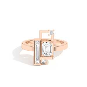 Bague de fiançailles géométrique en or massif 14k 18k avec diamant de laboratoire émeraude 0,8 ct et accents baguette, sertie clos, bijoux de mariage - Product Image 3