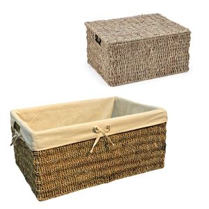 Wicker SEAGRASS STORAGE BASKET with Lid Cotton <b>Liner</b> <b>Shelf</b>, Cabinet and Pantry Organization Basket - Product Image 1