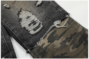 Jeans déchirés pour hommes style Hip Hop, coupe large, patchwork camouflage, denim délavé avec trous, vente en gros - Product Image 6