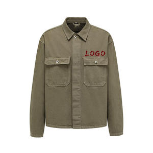 เสื้อแจ็คเก็ตผ้าแคนวาสสีเขียวมะกอกสำหรับผู้ชาย ปกเสื้อพับได้ ปักโลโก้ด้านหน้า สไตล์ชุดทำงาน ใส่ได้ในฤดูใบไม้ร่วง ทรงปกติ - Product Image 1