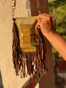 Real Handmade Metallic Fur <b>Leather</b> Fringe Bag Women Stylish Cowhide Fur Mobile Phone <b>Pouch</b> <b>Belt</b> Sling Shoulder Bag - Product Image 5