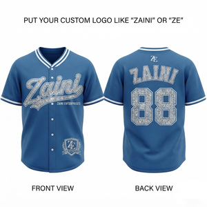 Maillot de baseball pour homme, tissu interlock en polyester premium 180 GSM, bleu et blanc, col côtelé, broderie de logo personnalisée, sublimation - Product Image 1