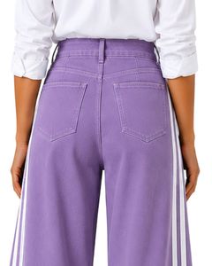 Jean en denim violet lavande pour femme, taille haute, coupe large, avec bande latérale blanche, coupe ample, en coton, pantalon décontracté et tendance - Product Image 4