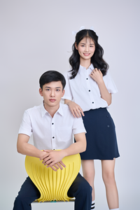 Chemise d'uniforme scolaire unisexe FMF pour l'école primaire - Blanc et bleu marine, manches courtes, 80% polyester, 15% rayonne, 5% élasthanne - Product Image 2
