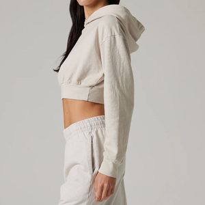 Wholesale Women <b>White</b> <b>Lace</b> Up Crop Top Hoodie Long Sleeve Drawstring Corset Waist Sweatshirt Pullover Streetwear OEM Factory - Product Image 3