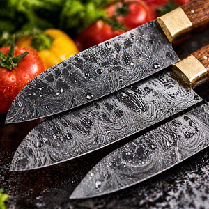 Custom Handmade Seven-Piece Chef <b>Set</b> Straight Edge <b>Sharp</b> Blades Damascus Steel Ambidextrous Wood Handle Leather Sheaths - Product Image 5