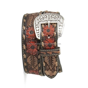 เข็มขัดหนังแฟชั่นสำหรับผู้ชายสลักลายดอกไม้แบบตะวันตกพร้อมหัวเข็มขัดทองเหลืองออกแบบได้ตามต้องการ - Product Image 1