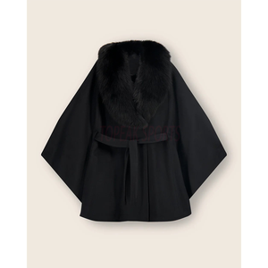 2026 Cape-châle-poncho noir pour femme avec bordure en fausse fourrure, élégant, chaud pour l'hiver, manteau de luxe tendance, vente en gros OEM, vêtements personnalisés - Product Image 5