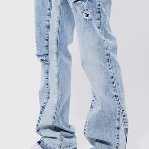 Men Light Blue Distressed <b>Soft</b> Shell <b>Jeans</b> Regular Fit Straight Leg Frayed Hem High Waist Button Fly Winter Breathable Plus Size - Product Image 4
