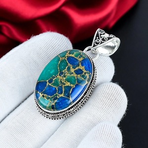 Colgante de mosaico ovalado de cobre verde con piedra, plata de ley 925, chapado en plata, hecho a mano, de alta calidad, con engaste de bisel, joyería para mujer - Product Image 5
