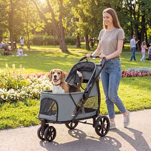 Passeggino a 3 ruote per cani di taglia media, facile da piegare con un clic, finestra in rete, cuscino lavabile, grigio - Product Image 2