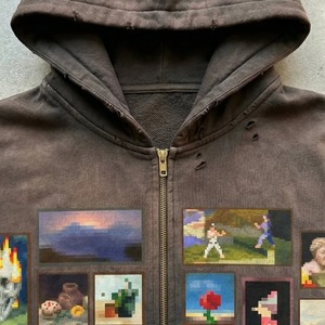Sudadera con capucha y cremallera de algodón polar extragrande personalizada, con estampado Pixel Paint, estilo streetwear desgastado, unisex, lavada, ecológica, talla XXS - Product Image 4