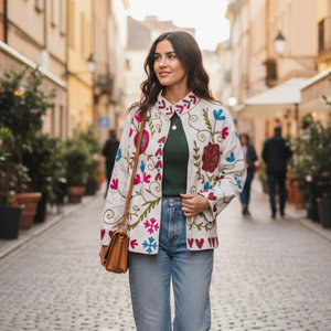 Chaqueta de Algodón Bordada con Flores Estilo Bohemio, Hecha a Mano, Manga Larga, Bolsillos Laterales, Calidad Premium, Abrigo Distintivo para Mujer - Product Image 2
