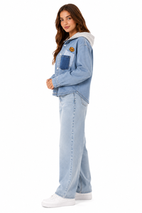 <b>Womens</b> Oversized <b>Denim</b> Hoodie Shirt Light Blue Button Down Jacket Casual <b>Long</b> Sleeve Hooded <b>Denim</b> Top <b>for</b> <b>Women</b> Stylish Loose - Product Image 3