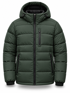 <b>Men's</b> Green Hooded Puffer <b>Jacket</b> Winter Waterproof Quick Dry Warm Windproof Casual Zipper Polyester Wadding Regular Length Solid - Product Image 1