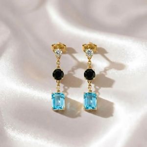 Sky Blue Topaz & Black Obsidian Gemstone <b>Earrings</b> Rectangle Cut Drop Stud <b>Dangle</b> With CZ Accent Elegant Minimal Jewelry Gift - Product Image 2