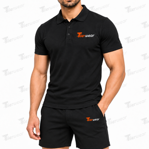 Tiierwear <b>Men's</b> <b>Black</b> <b>Polo</b> <b>Shirt</b> & Shorts Set Solid Color Breathable Knitted Fabric Summer Casual Wear Front Logo - Product Image 5