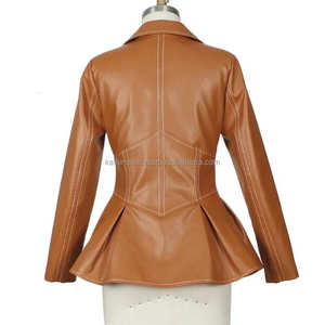 Marron Peplum Style cuir femmes vestes fermeture à glissière revers col à manches longues taille haute tunique manteau élégant Slim Fit Design - Product Image 4