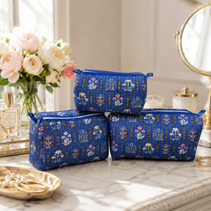 Elegant Royal Blue Botanical 3 Piece Makeup <b>Bag</b> Set Quilted Cotton Cosmetic Pouches for Women Travel <b>Vanity</b> Organizer Gift - Product Image 1