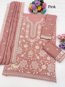 Women's Georgette Unstitched Pakistani Wedding Sharara Suit Designer 3-Piece Suit Set with Mirror & Stone Work for <b>Brides</b> - Product Image 4