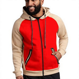 Sweat-shirt à capuche zippé beige pour homme, coupe classique, couleur unie, en molleton bouclette, décontracté, pour l'automne - Product Image 2