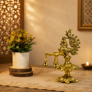 Handcrafted Golden Metal Peacock Oil <b>Lamp</b> Diya Hanging Bells Traditional Indian Handicraft Temple Tabletop Home Decor - Product Image 5