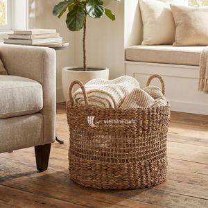 Simple Eco-Friendly Seagrass Storage Basket Oval Woven Organizer <b>Bin</b> with Handles for Home <b>Bedroom</b> Nursery Bathroom Storage - Product Image 4
