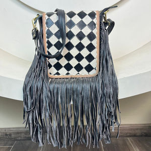 Bolso Bandolera de Cuero Genuino con Flecos y Diseño a Cuadros, Hecho a Mano, para Mujer, Venta Caliente 2025 - Product Image 4