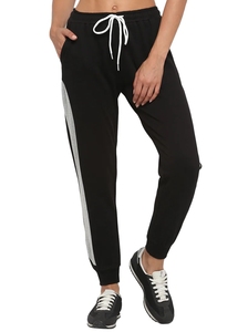 Pantalon de jogging noir pour femme avec bande latérale grise, taille élastique et cordon de serrage, décontracté, respirant, en maille, pour l'automne - Product Image 1