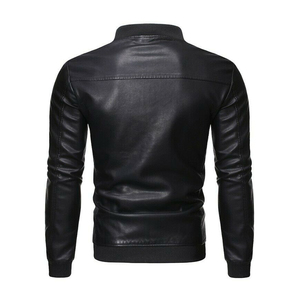 <b>Men's</b> PU Black Leather Stand Collar Zipper Closure Moto Biker Style Solid Slim Fit Autumn Wear Bomber <b>Jacket</b> <b>For</b> Online Sale - Product Image 3