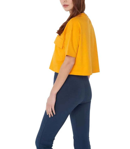 <b>Women's</b> <b>Yellow</b> Summer Crop Crew Neck Short Sleeve <b>T</b> <b>Shirt</b> Solid Casual Pocket Tee - Product Image 2