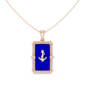 Collier pendentif ancre en or jaune 14 carats avec diamant de laboratoire et émail bleu lapis, plaqué rhodium, bijoux unisexe - Product Image 4