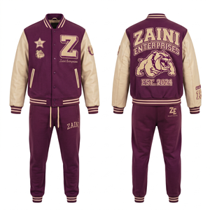 Mens Varsity Tracksuit 380 GSM Cotton Polyester Foven Fleece Maroon Cream Contrast Sleeve Chenille <b>Embroidery</b> Custom Logo - Product Image 1