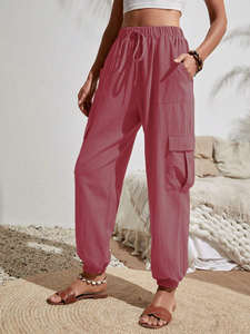 HANO 2024 Nuevos Pantalones de Lona para Mujer con Costuras Decorativas, Cintura Media Elástica, Cordones, Estilo Cargo de Pierna Recta, Ajuste Holgado - Product Image 5