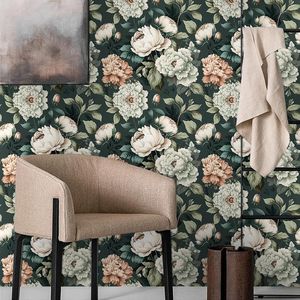 Carta da Parati Adesiva Vintage con Peonie Verde Scuro e Bianche, Facile da Applicare, Decorazione Murale Autoadesiva - Product Image 4