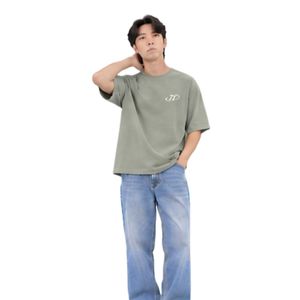 <b>Men's</b> Oversized Sage <b>Green</b> Crew Neck <b>T</b> <b>Shirt</b> with Relaxed Fit Light Blue Jeans Casual Streetwear Outfit - Product Image 1