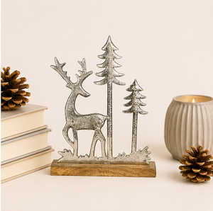 High-Quality Handmade Aluminium Reindeer Sculpture With Mango Wood Base Elegant Silver Metal Christmas <b>Tree</b> Scene For Festive - Product Image 2