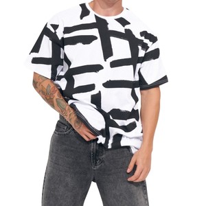 Camiseta de Manga Corta Oversize para Hombre, Cuello Redondo, Diseño Pintado a Mano, Estilo Urbano, Algodón Jersey, Corte Regular - Product Image 1
