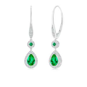 14kt Rose Gold Pear Emerald Halo Drop Dangle <b>Earrings</b> With Diamond Accents Women's Wedding Jewelry - Product Image 2